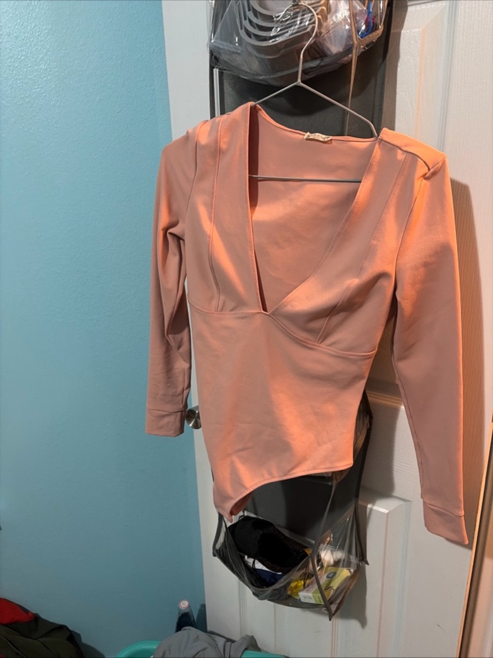 Women's Long-Sleeve Deep V Bodysuit - Blush Pink